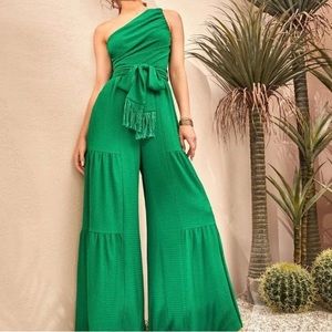 One Shoulder Wide Leg Belted Jumpsuit Green
